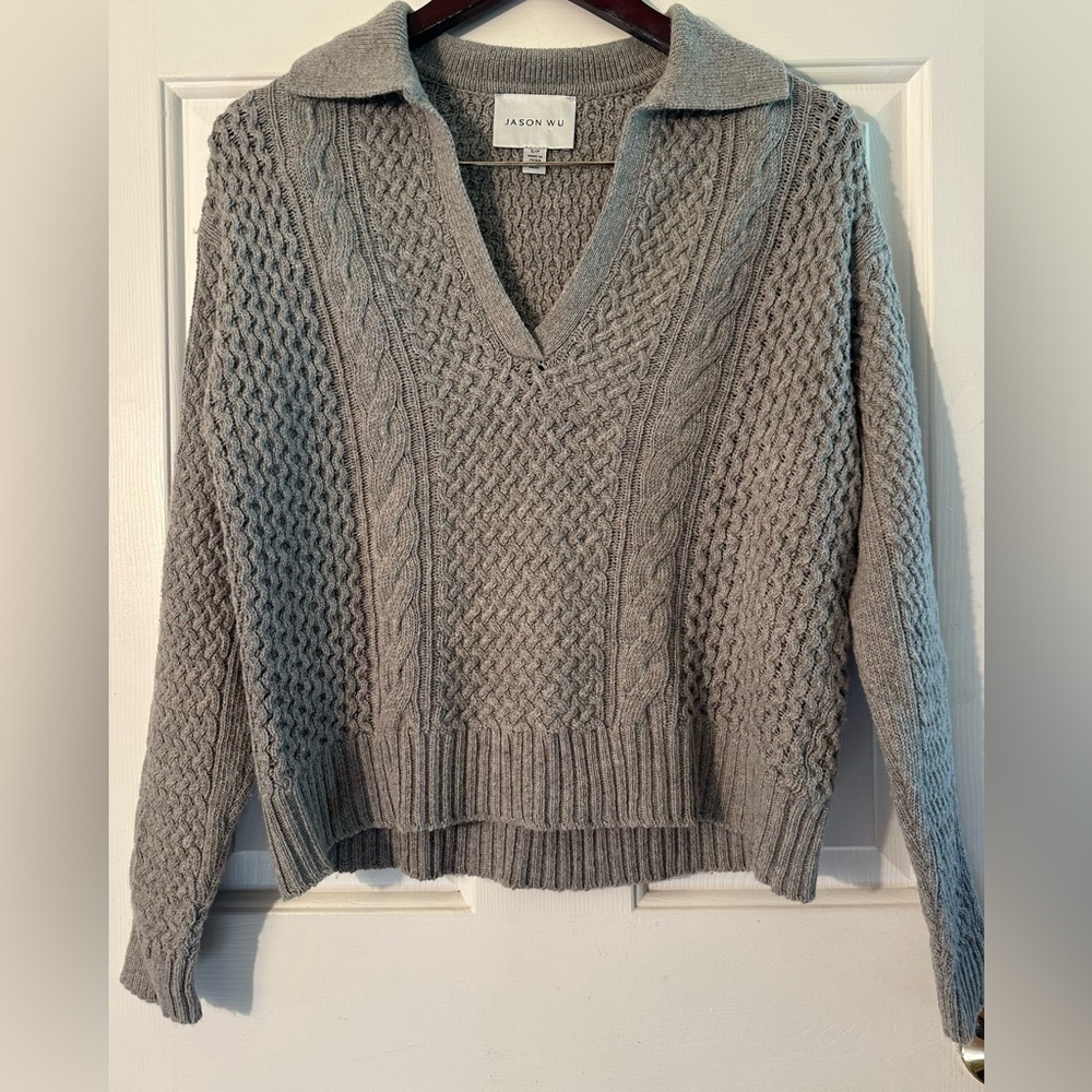JASON WU Small Wool Blend Toasted Gray Cropped Cable Knit V Fisherman Sweater - Picture 3 of 11